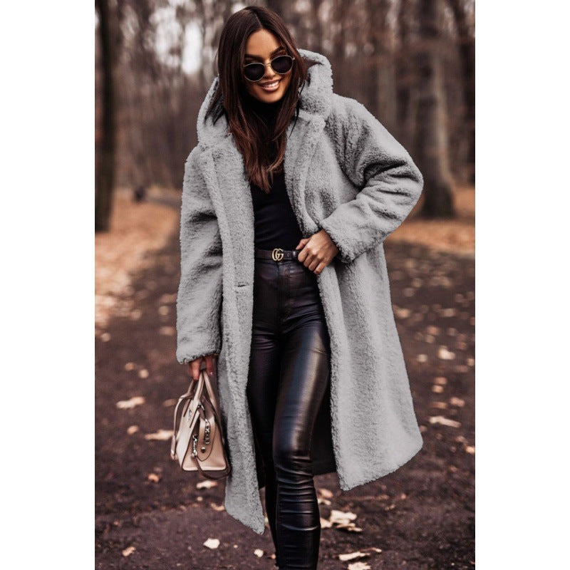 Damen kuscheliger Fleece-Mantel mit Kapuze und praktischen Taschen EB