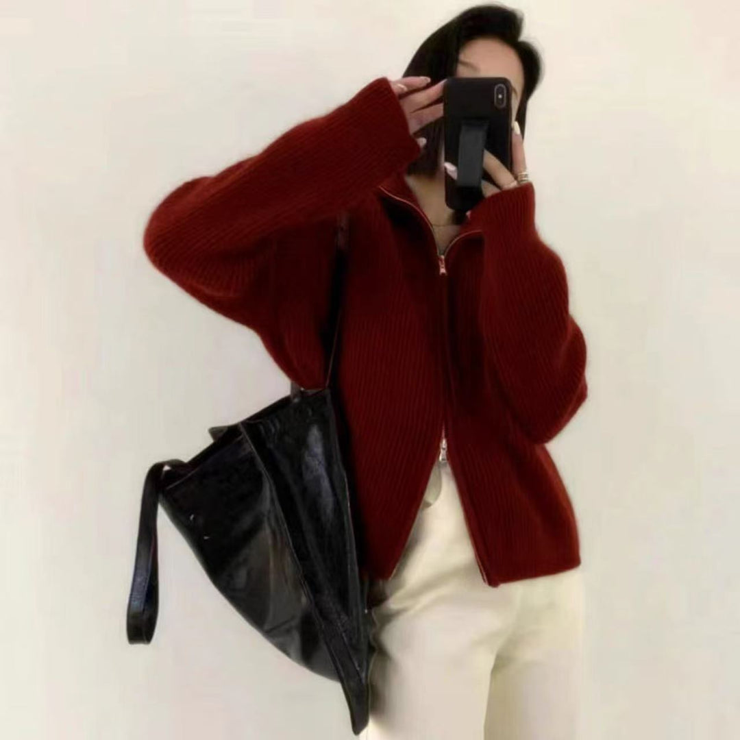 Damen Strickjacke mit hohem Kragen und durchgehendem Reißverschluss EB