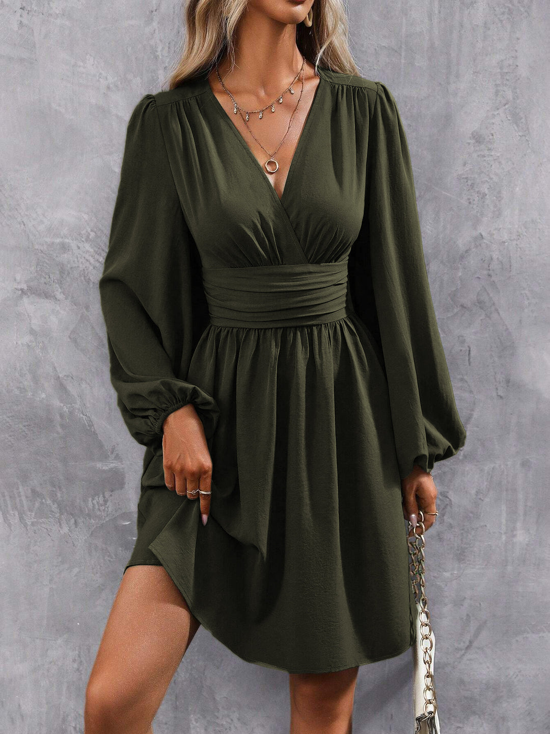 Damen Wickelkleid mit transparenten Puffärmeln und elegantem Taillengürtel EB