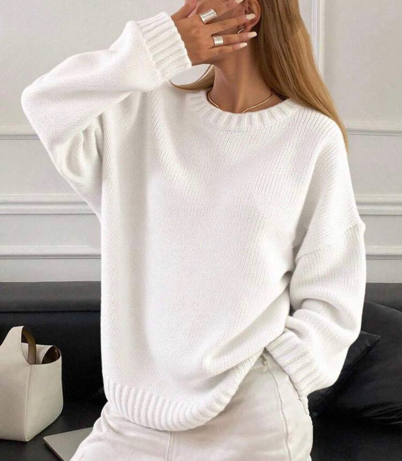 Damen lässiger und oversized Strickpullover mit Rundhalsausschnitt EB