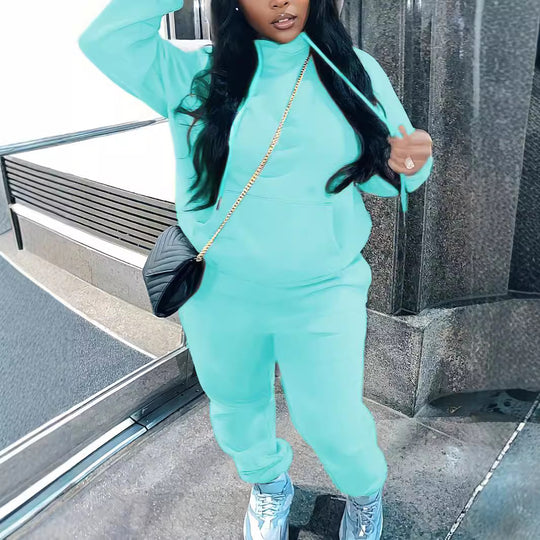 Damen nan kuscheliges Hoodie‑und Jogginghose Set mit hohem Kragen, Kängurutasche und tailliertem Bund EB