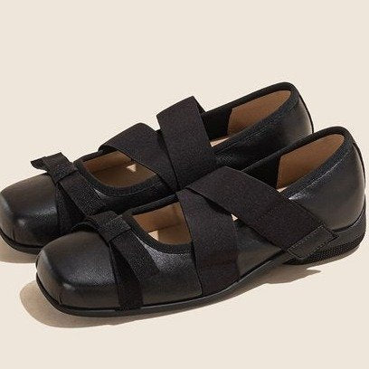 Damen Ballerinas mit elastischen Kreuzriemen und bequemem Lederobermaterial EB