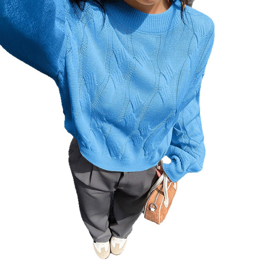 Damen nan cropped Zopfmuster-Pullover mit kastiger Silhouette, überschnittener Schulter und geripptem Saum EB