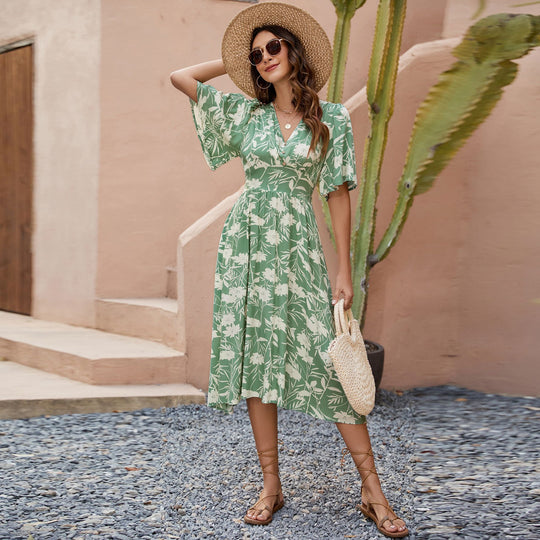 Damen Midi-Kleid mit V-Ausschnitt und voluminösen Ärmeln EB