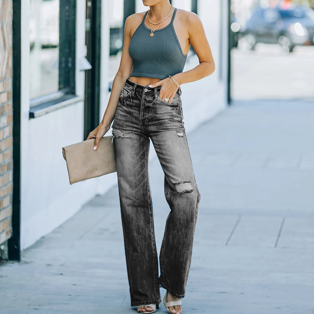 Damen Weit geschnittene Jeans mit Distressed-Effekten und hohem Bund EB