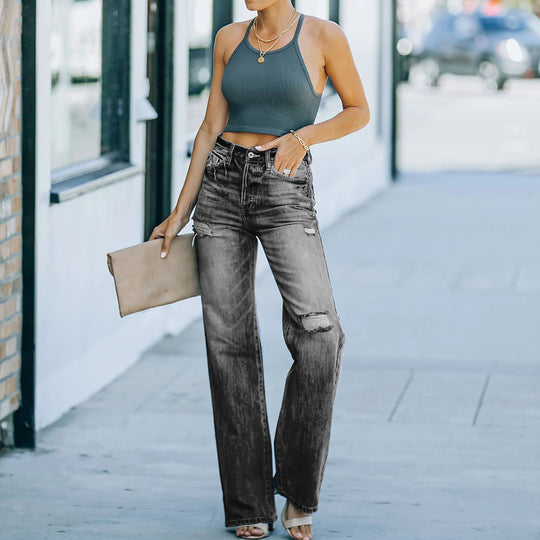 Damen Weit geschnittene Jeans mit Distressed-Effekten und hohem Bund EB
