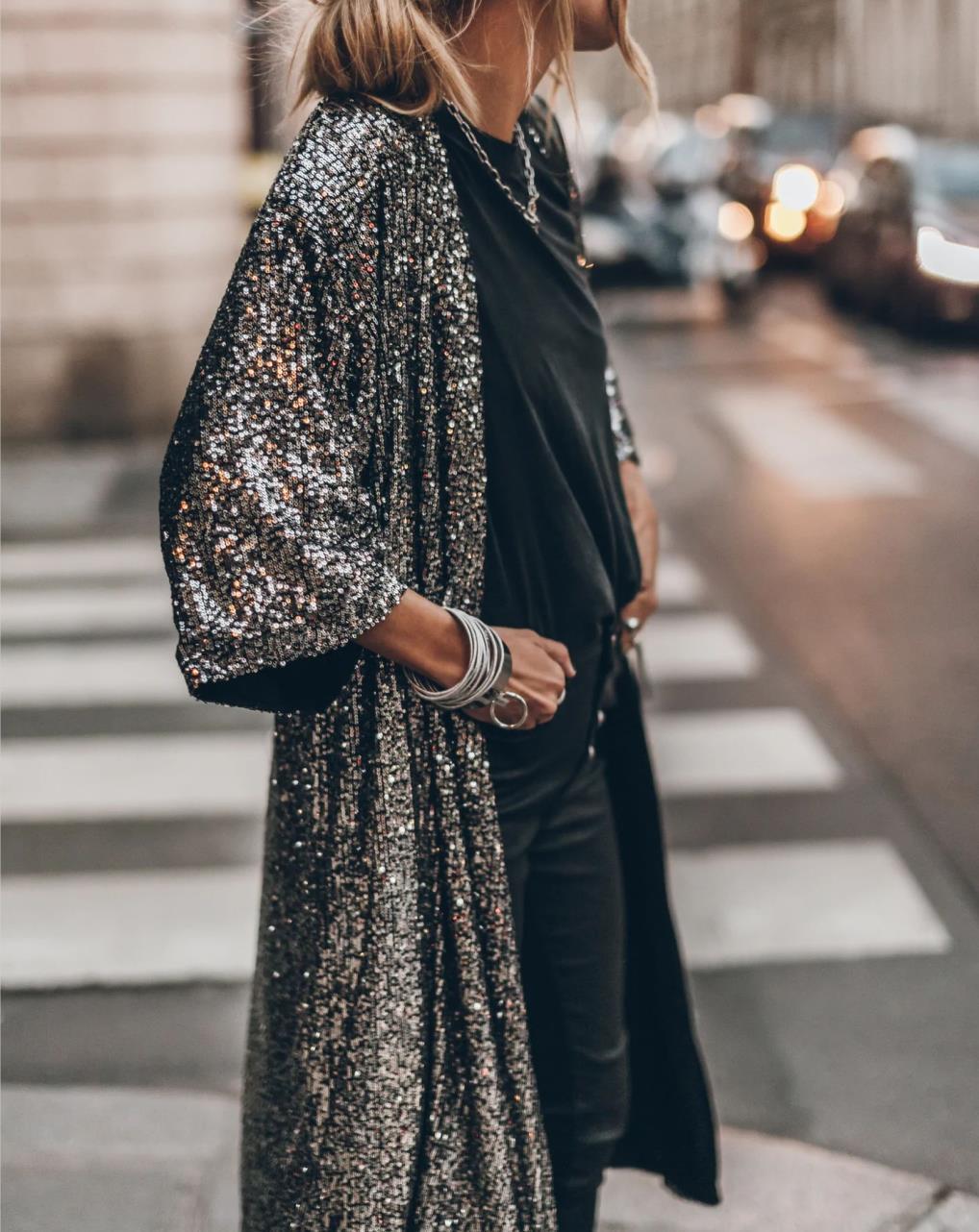 EB | Viertel Ärmel Party Pailletten Strickjacke Jacke
