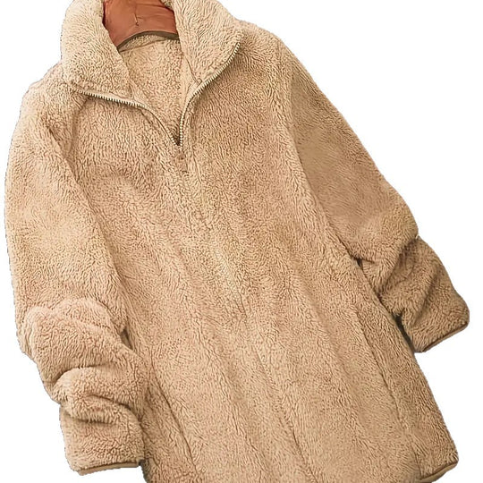 Damen Flauschige Teddyjacke mit hohem Kragen und seitlichen Taschen EB