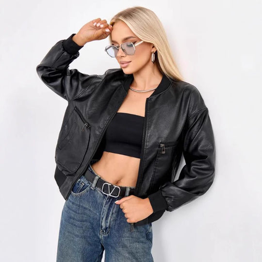 Damen modische Bikerjacke mit strukturiertem Design und praktischen Taschen EB