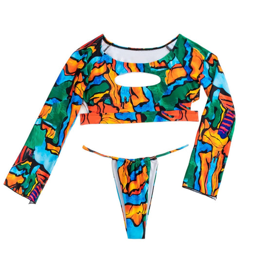 Damen Crop-Top Bikini mit langen Ärmeln und modischem Ausschnitt EB