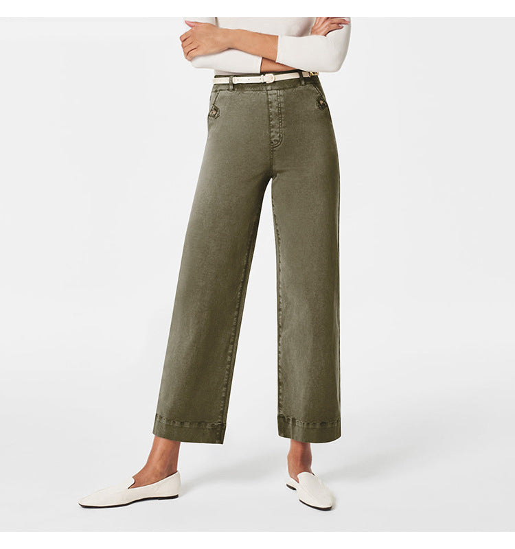 Damen Weite High-Waist Hose mit modischen Knopfdetails EB