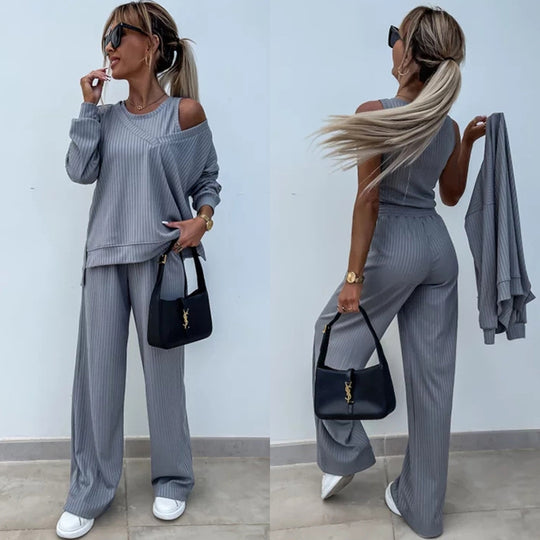 Damen Loungewear-Set aus geripptem Feinstrick mit Off-Shoulder-Pullover und weiter Palazzo-Hose EB
