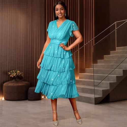 Damen Festliches Kleid mit schimmernden Rüschenschichten EB