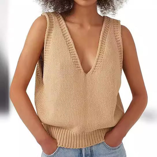Damen lässiger Strickpullover ohne Ärmel mit tiefem V-Ausschnitt EB