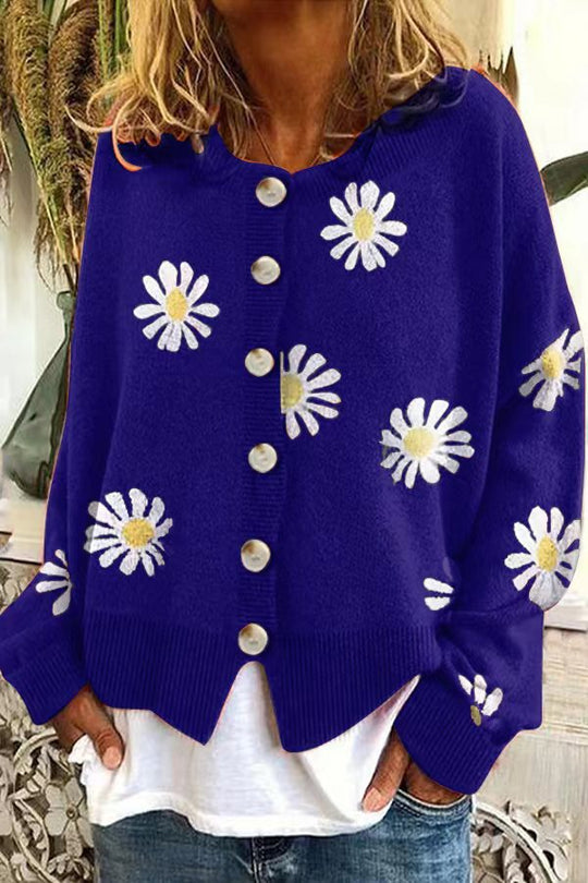 Damen gestreifte Strickjacke mit Blumenmuster EB