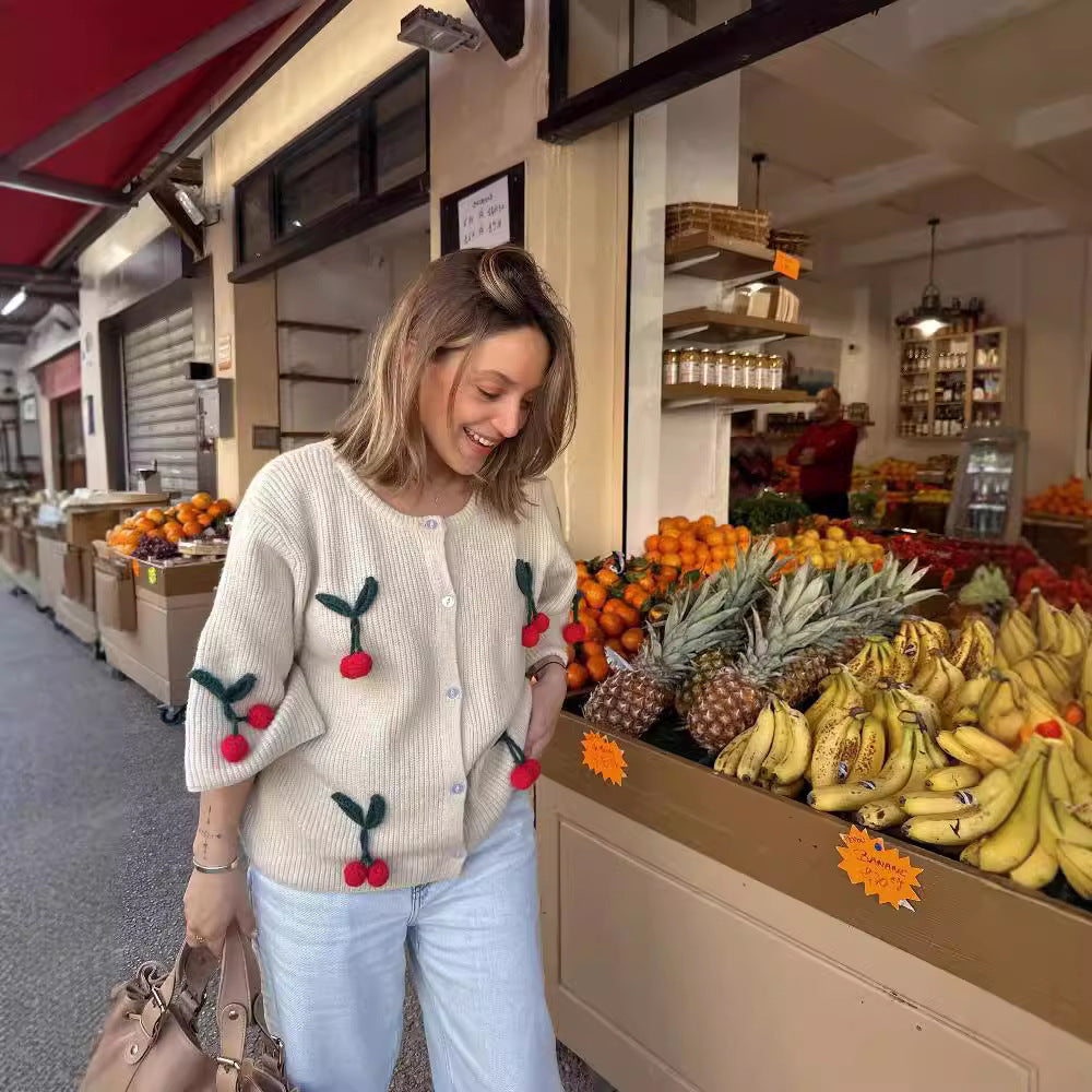 Damen lässiger und gestreifter Strickcardigan mit reizendem Kirschmuster EB