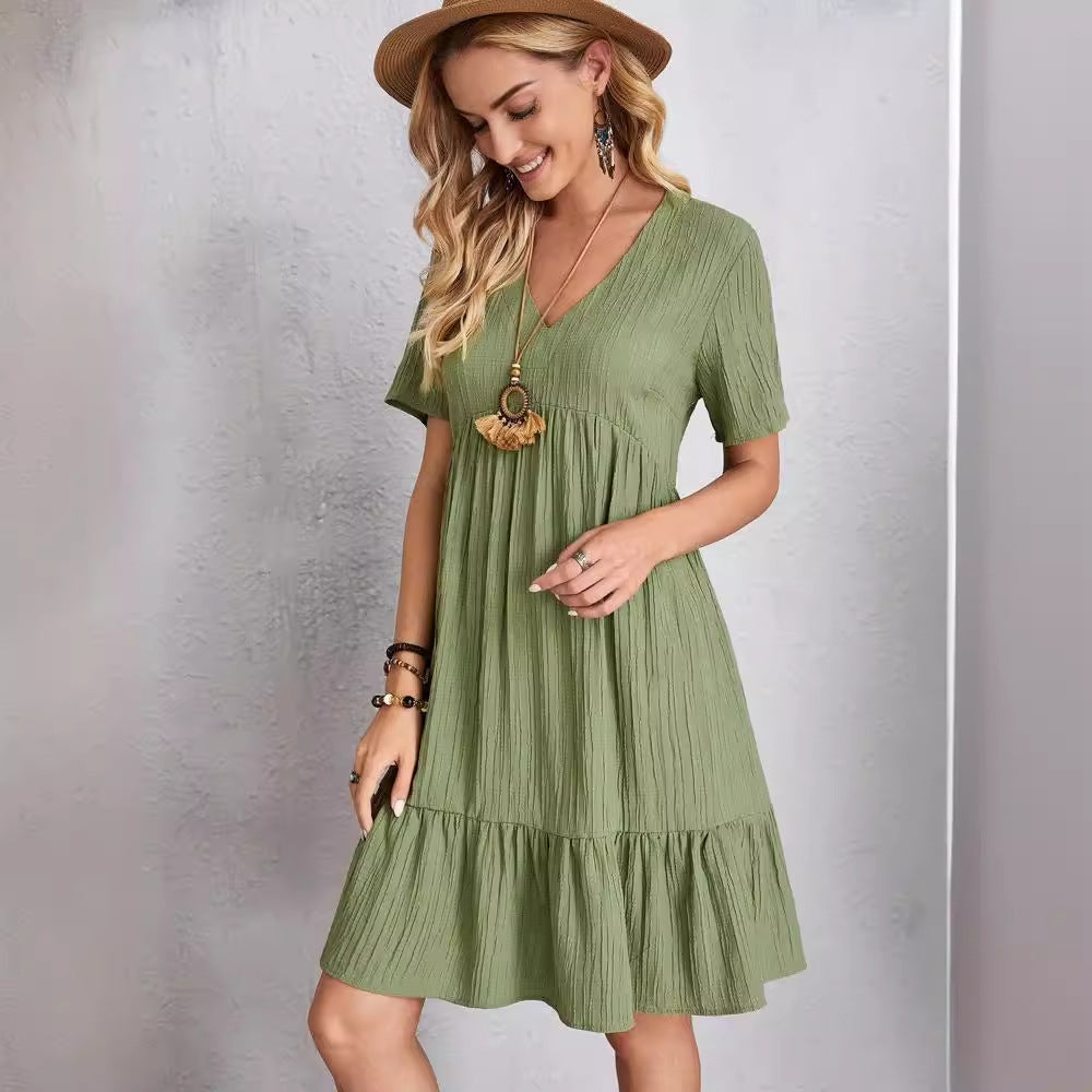 Damen lässiges V-Ausschnitt Kleid mit Schößchen und Rüschendetails EB