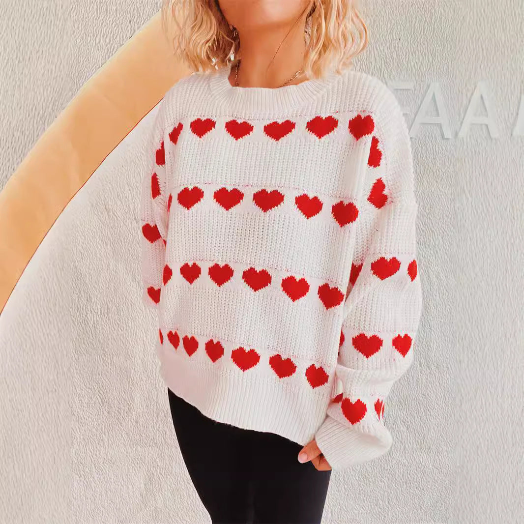 Damen gemütlicher Herzmuster-Strickpullover mit weiten Ärmeln EB