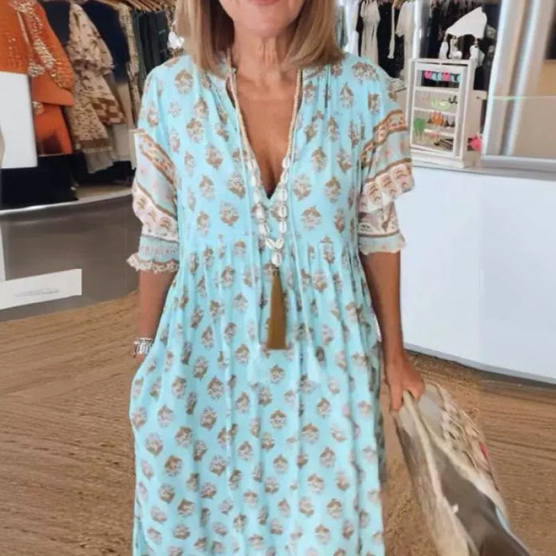 Damen Boho-Stil Kleid mit geflochtener Schnürung und handgefertigten Details EB