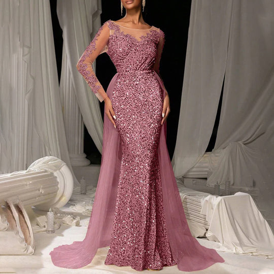 Damen Glamouröses Abendkleid mit schimmerndem Spitzenoberteil und fließendem Tüllumhang EB