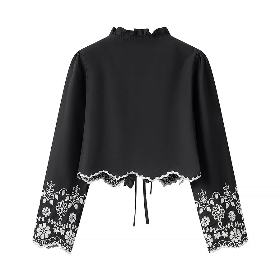 Damen elegante Bluse mit floralen Stickereien und Rüschen EB