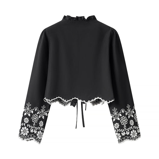 Damen elegante Bluse mit floralen Stickereien und Rüschen EB