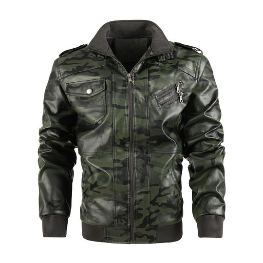 Herren Camouflage Kunstleder Biker-Blouson mit Schulterklappen, Reißverschluss‑Detail und Rippbündchen EB