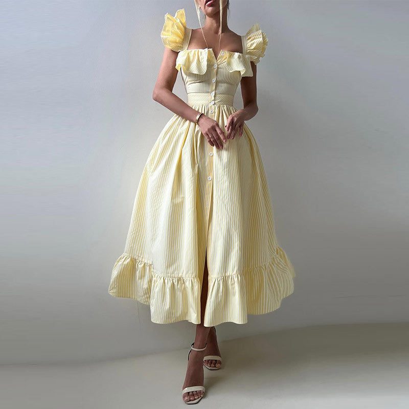 Damen Maxikleid mit Rüschendetails und Knopfleiste EB