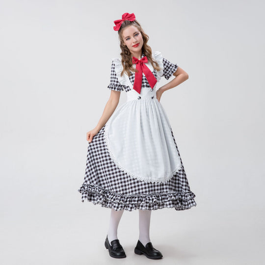 Damen nan Vintage-inspiriertes Karo-Swingkleid mit abnehmbarer Schürze, Rüschenärmeln und Schleifenkragen EB