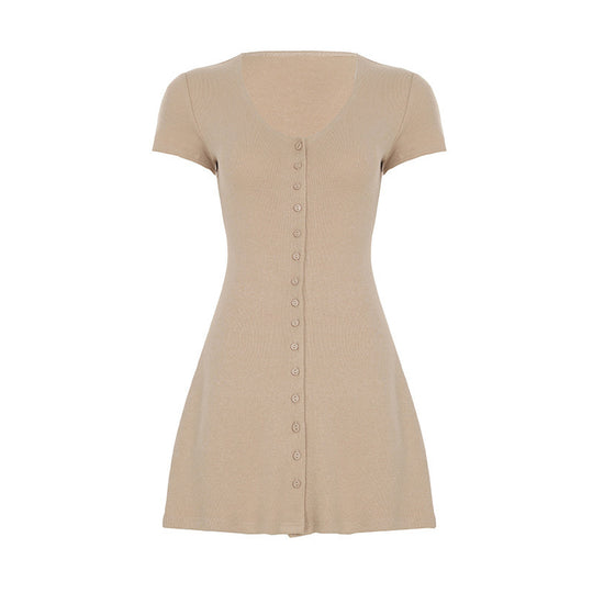 Damen Kurzarm-Strickkleid mit Knopfdetail und schmeichelndem Schnitt EB