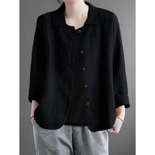 Damen Leichte Leinenoptik-Bluse mit lockerer Passform, 3/4-Ärmeln und Knopfleiste EB