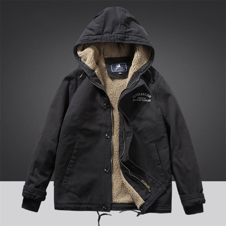 Herren Kapuzenjacke im Vintage-Worker-Stil mit Sherpa‑Futter EB