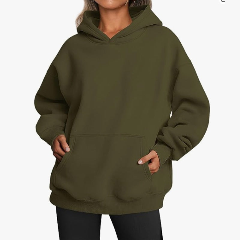 Damen nan Oversize-Kapuzenpullover mit Raglanärmeln, Kängurutasche und weichem Fleece-Innenfutter EB