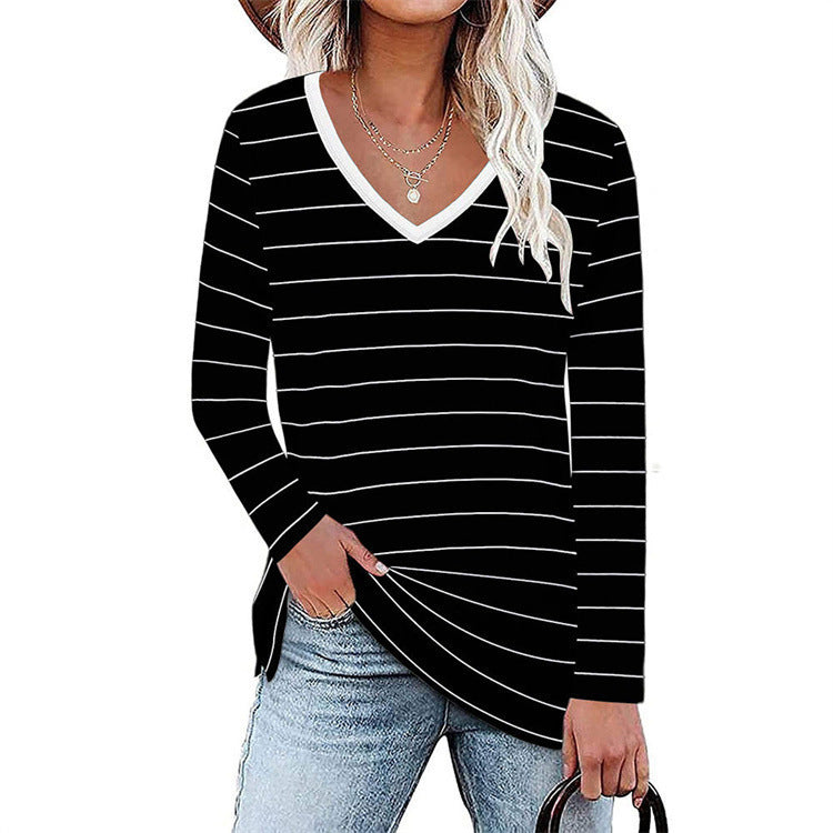 Damen V-Ausschnitt Langarmshirt mit Streifenmuster und seitlichen Schlitzen EB