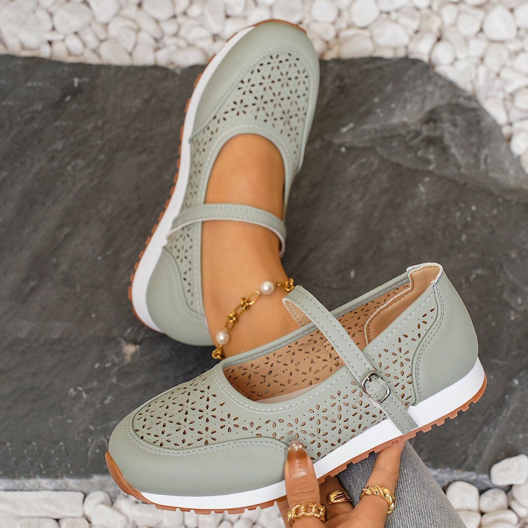 Damen Ballerina-Schuhe mit atmungsaktivem Lochmuster und verstellbarem Riemen EB