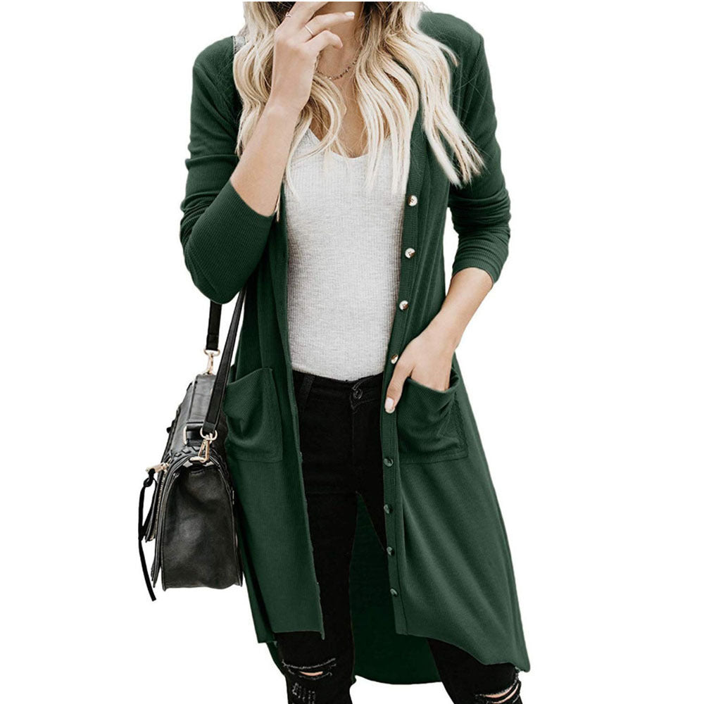 Damen Langer Strickcardigan mit Knöpfen und Taschen EB