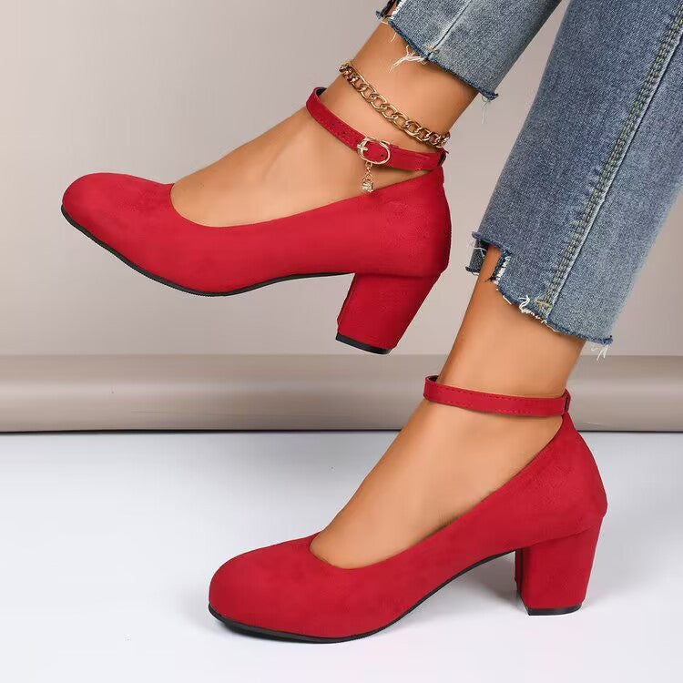 Damen Elegante Pumps mit breitem Blockabsatz und verstellbarem Knöchelriemen EB