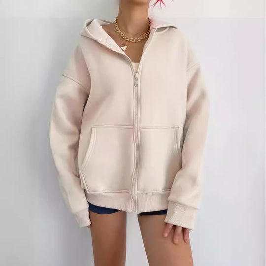 Damen nan minimalistisches French-Terry Zip-Hoodie mit durchgehendem Reißverschluss, Kängurutasche und Daumenloch-Ärmeln EB