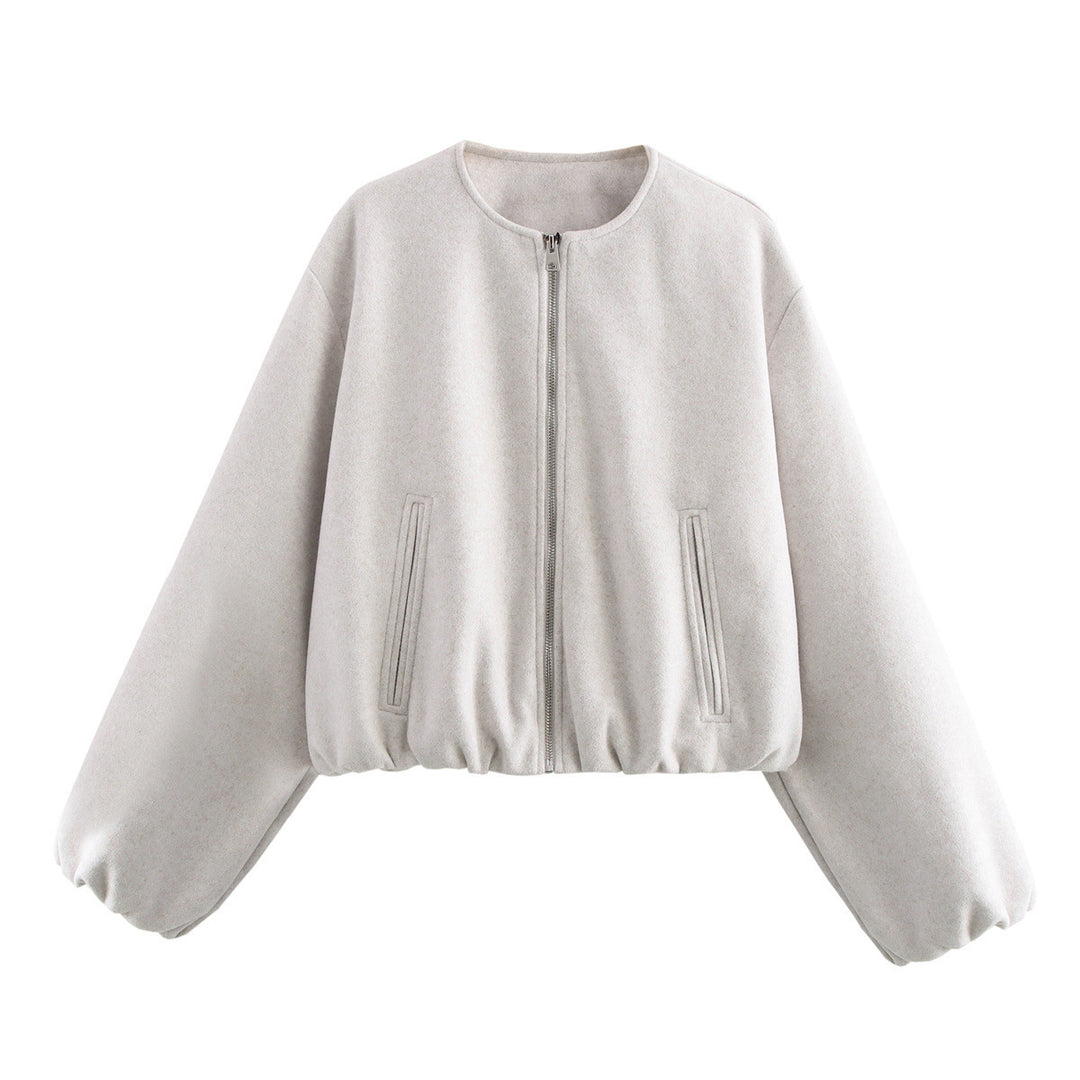Damen nan kurze Oversize Wollblouson mit Reißverschluss, Ballonärmeln und elastischem Saum EB