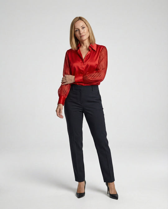 Damen Satinbluse mit transparenten Puffärmeln