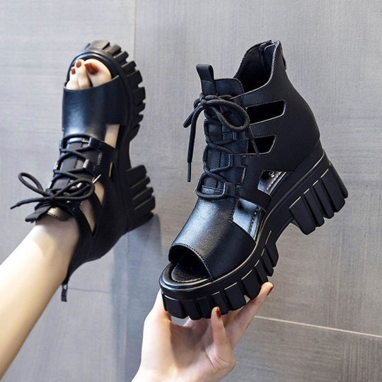 Damen Hochfrontige Schnürsandalen mit robustem Blockabsatz EB