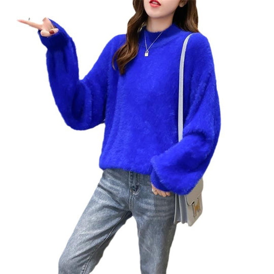 Damen Flauschiger Mohair-Mix Pullover mit Stehkragen und Oversize-Silhouette EB