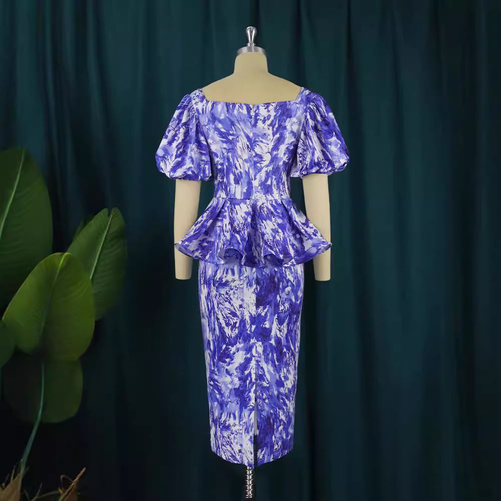 Damen elegantes Midikleid mit Puffärmeln und raffinierter Taille EB