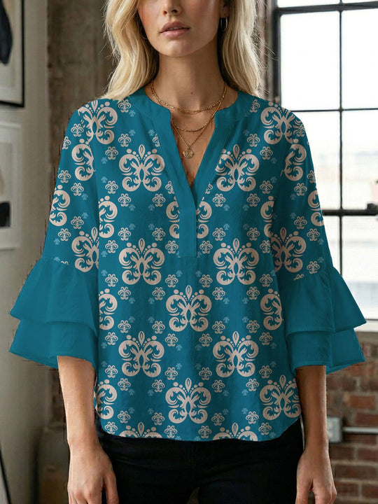 Damen Blusenshirt mit voluminösen Ärmeln und kreativem Druckdesign EB