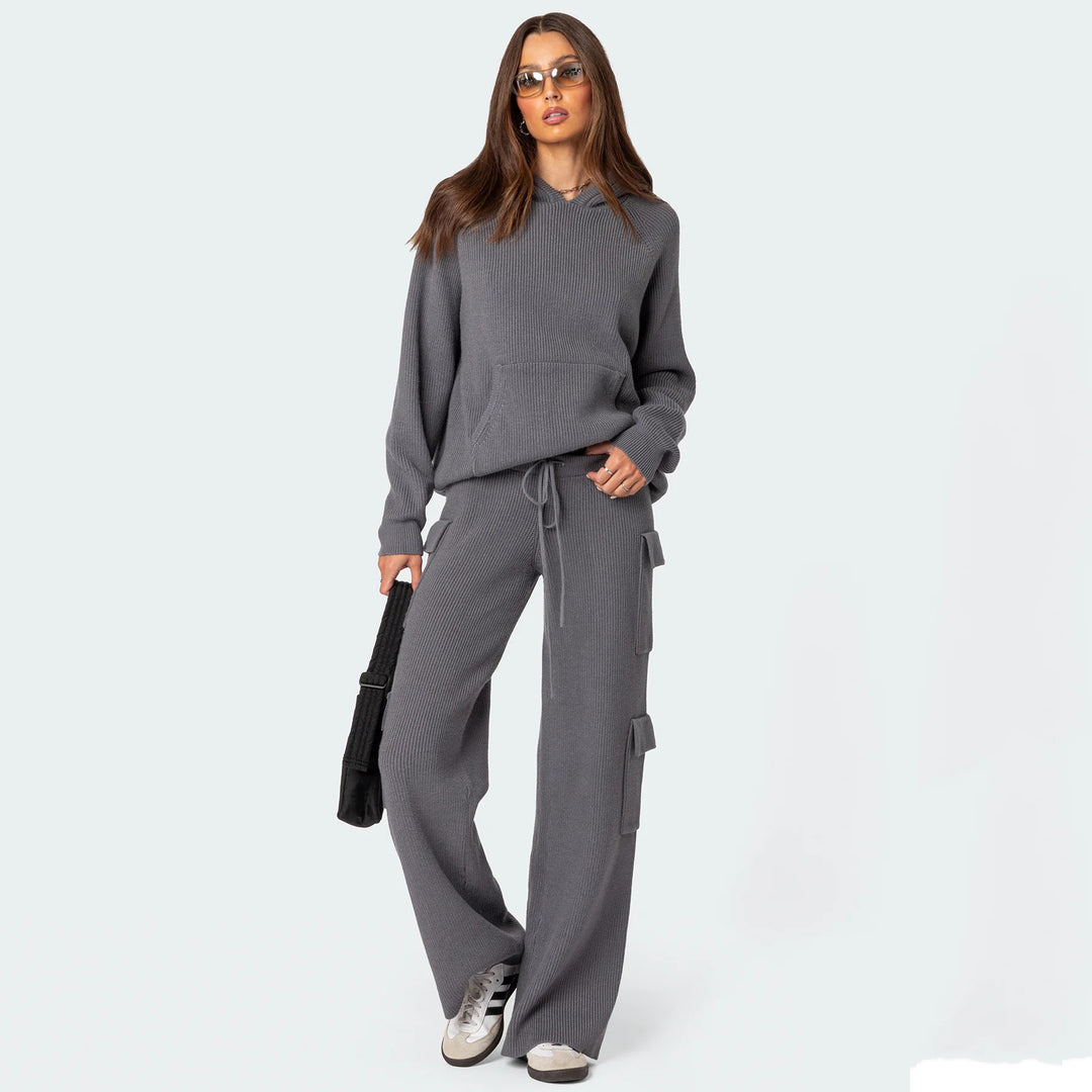Damen nan gerippter Kapuzenpullover aus Feinstrick mit Kängurutasche und relaxed Fit EB