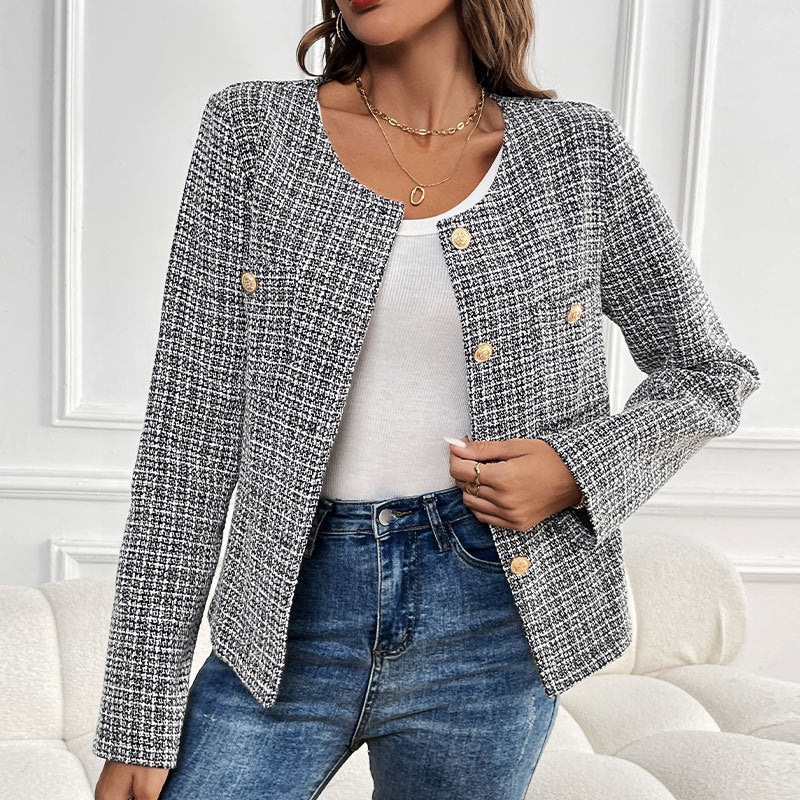 Damen Elegante Tweedjacke mit doppelter Knopfleiste und strukturiertem Gewebe EB