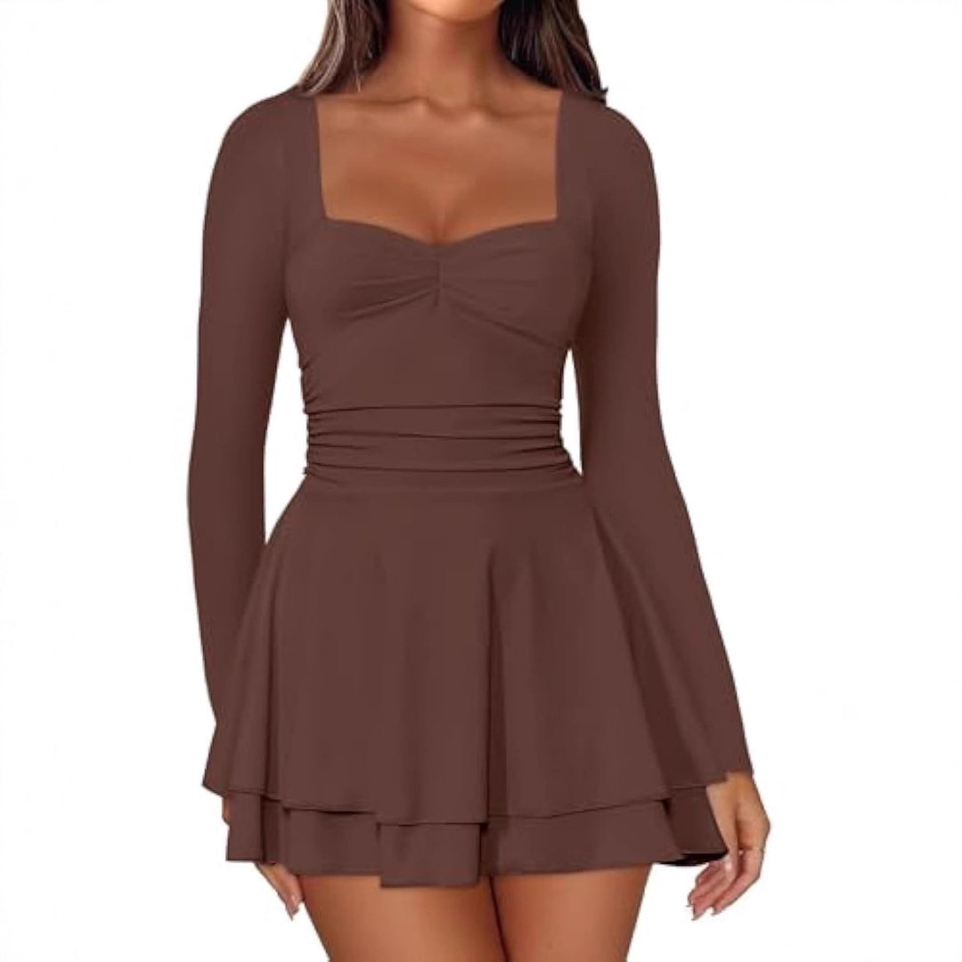 Damen Langarm-Minikleid mit quadratischem Ausschnitt, taillierter Raffung und zweilagigem Volantrock EB