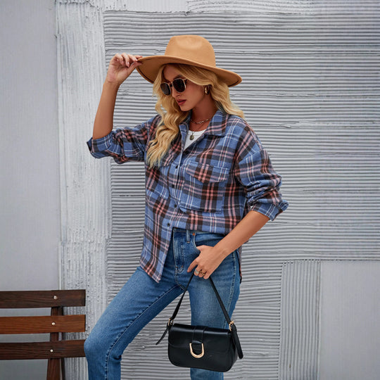 Damen Flanellhemd mit kariertem Muster und zwei Brusttaschen EB