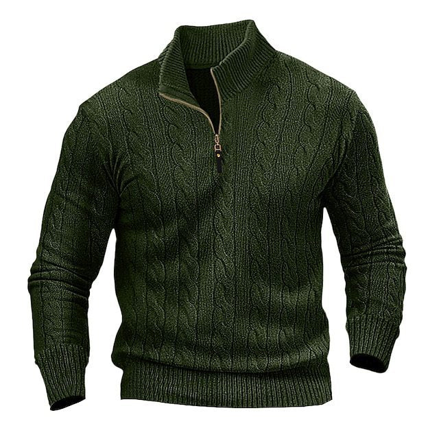 Herren stylischer Strickpullover mit halb offenem Kragen und Zopfmuster EB