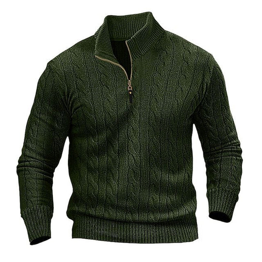 Herren stylischer Strickpullover mit halb offenem Kragen und Zopfmuster EB
